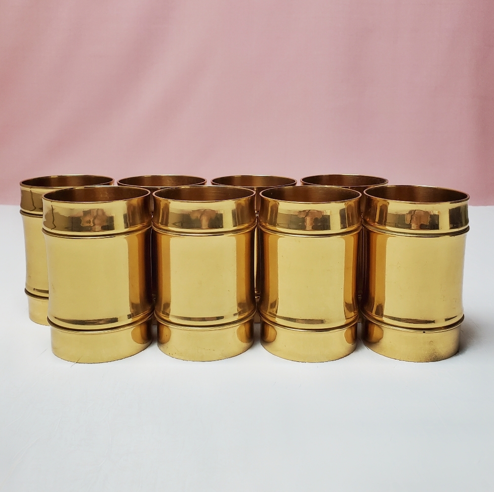 Vintage Brass Plated Bamboo Tiki Glasses Set of 8